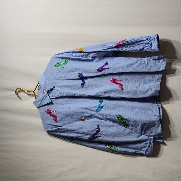 Ladies Denim Button-Down with Shimmery Shoe Detail - Picture 1 of 5